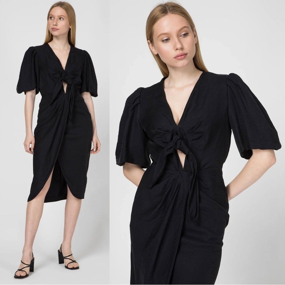 SANDRO Black Linen Tie Front Puff Sleeve Wrap Skirt Bloane Blum Midi Dress S - Picture 17 of 17